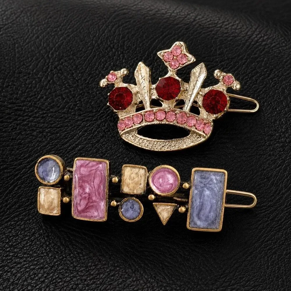 Vintage Crown & Marbled Enamel Barrette Pair Rhinestones
